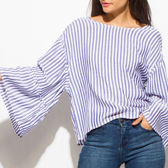 Navy Striped Bell Sleeve Boho Top - Picture 3 of 6
